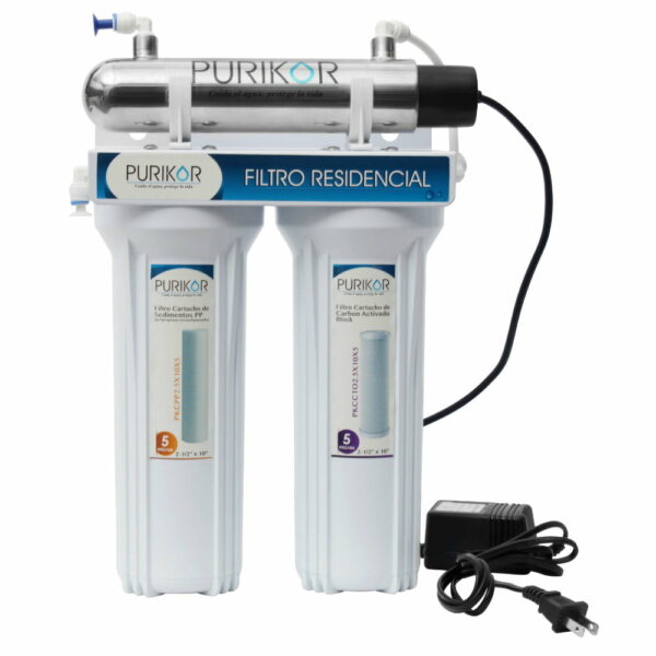 SISTEMA DE FILTRACIÓN BÁSICA PKF-3UV DE 3 ETAPAS CON LUZ UV Y FILTRACIÓN DE 5 MICRAS PARA FLUJO DE 0.5 GPM
