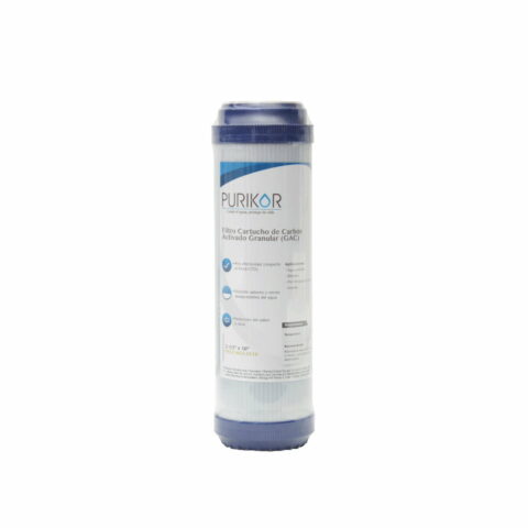 FILTRO CARTUCHO DE CARBÓN ACTIVADO GRANULAR (GAC) MARCA PURIKOR CON DIMENSIONES DE 2.5" X 10"
