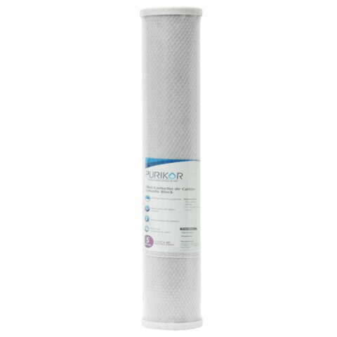 FILTRO CARTUCHO DE CARBÓN ACTIVADO BLOCK (CTO) MARCA PURIKOR CON DIMENSIONES DE 2.5" X 20" PARA FILTRADO DE 5 MICRAS