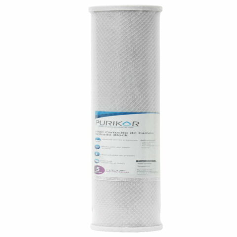 FILTRO CARTUCHO DE CARBÓN ACTIVADO BLOCK (CTO) MARCA PURIKOR CON DIMENSIONES DE 4.5" X 20" PARA FILTRADO DE 5 MICRAS