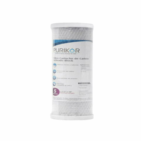 FILTRO CARTUCHO DE CARBÓN ACTIVADO BLOCK (CTO) MARCA PURIKOR CON DIMENSIONES DE 4.5" X 10" PARA FILTRADO DE 5 MICRAS
