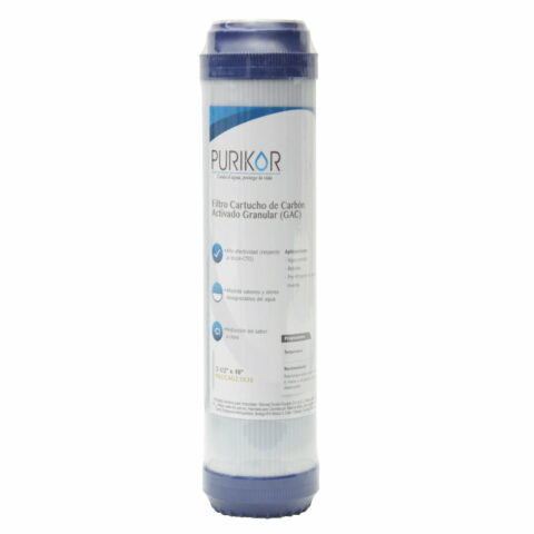 FILTRO CARTUCHO DE CARBÓN ACTIVADO GRANULAR (GAC) MARCA PURIKOR CON DIMENSIONES DE 2.5" X 20"