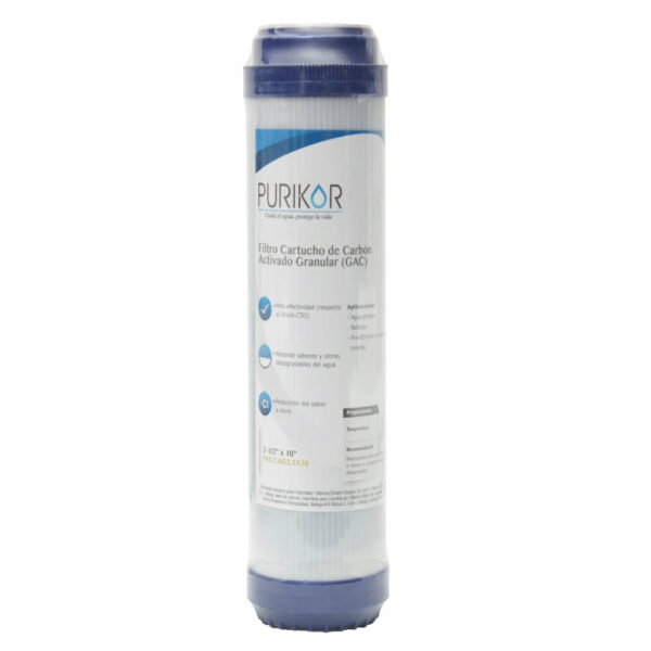 FILTRO CARTUCHO DE CARBÓN ACTIVADO GRANULAR (GAC) MARCA PURIKOR CON DIMENSIONES DE 2.5" X 20"