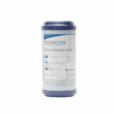 FILTRO CARTUCHO DE CARBÓN ACTIVADO GRANULAR (GAC) MARCA PURIKOR CON DIMENSIONES DE 4.5" X 10"
