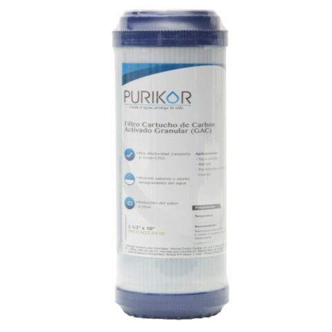 FILTRO CARTUCHO DE CARBÓN ACTIVADO GRANULAR (GAC) MARCA PURIKOR CON DIMENSIONES DE 4.5" X 20"