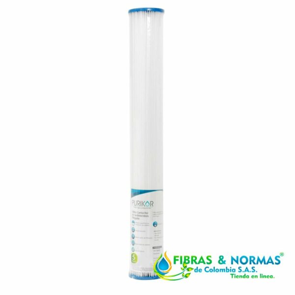 FILTRO CARTUCHO PLEGABLE DE POLIPROPILENO MARCA PURIKOR CON DIMENSIONES DE 2.5" X 20" PARA FILTRADO DE 5 MICRAS