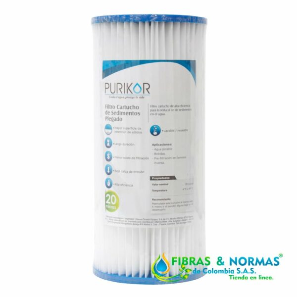 FILTRO CARTUCHO PLEGABLE DE POLIPROPILENO MARCA PURIKOR CON DIMENSIONES DE 4.5" X 20" PARA FILTRADO DE 20 MICRAS