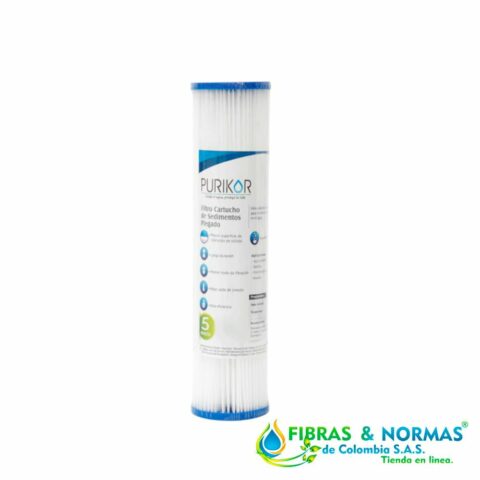 FILTRO CARTUCHO PLEGABLE DE POLIPROPILENO MARCA PURIKOR CON DIMENSIONES DE 2.5" X 10" PARA FILTRADO DE 5 MICRAS