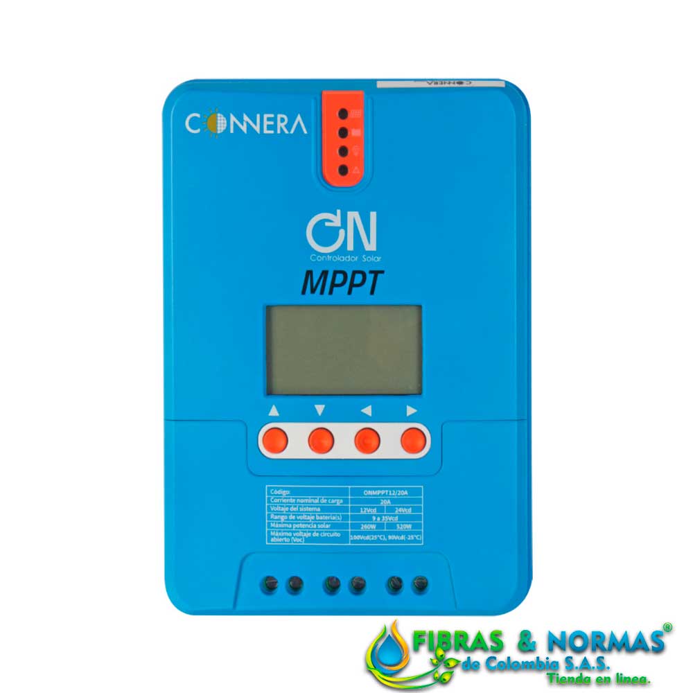 CONTROLADOR DE CARGA SOLAR ON MPPT, CONNERA, 20 A, PARA BATERÍAS CON ENTRADA DE 12 Ó 24 VCD